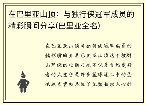 在巴里亚山顶：与独行侠冠军成员的精彩瞬间分享(巴里亚全名)