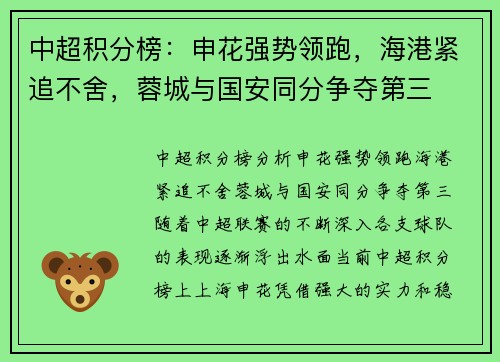 中超积分榜：申花强势领跑，海港紧追不舍，蓉城与国安同分争夺第三