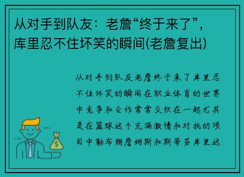 从对手到队友：老詹“终于来了”，库里忍不住坏笑的瞬间(老詹复出)